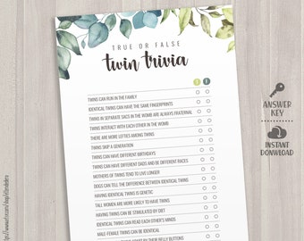 Twin Trivia Cards. Printable Greenery Baby Shower Games. True or False Twins Game, Modern Green Leaves Twins Guessing Activities