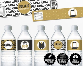 SELF EDITABLE Gold Little Man Water Bottle Labels. Boy Baby Shower Printable Wrappers, Wraps. Mustache, Little Mister, Gentleman Labels