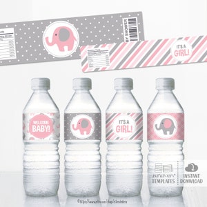 Pink Elephant Water Bottle Labels. Girl Baby Shower Bottle Labels ...