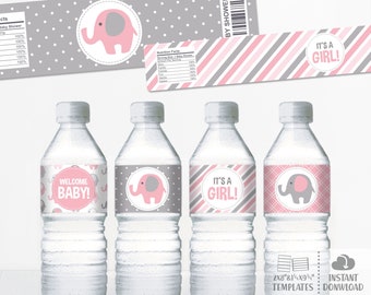 Pink Elephant Water Bottle Labels. Girl Baby Shower Bottle Labels. Printable Wrappers. DIY Wraps. Pink and Grey Elephant Baby Shower Labels