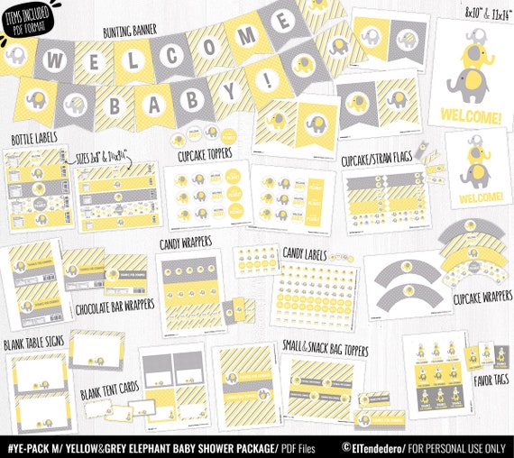 Yellow Elephant Baby Shower Decorations Printable Yellow And Etsy