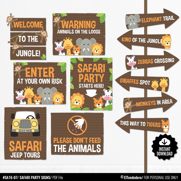 Safari Party Signs Package. Printable Baby Shower Safari Tour Signs Bundle - Kids Birthday Jungle Party Decor. Digital Download