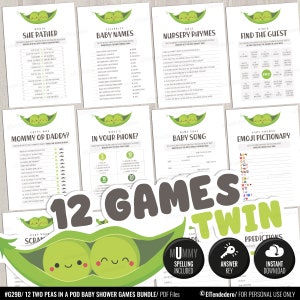 May include: Twelve printable baby shower games featuring a green pea pod theme. The games include "She Rather", "Celebrity Baby Names", "Nursery Rhymes", "Find the Guest", "Mommy or Daddy", "What's in Your Phone", "Name That Baby Song", "Emoji Pictionary", "Baby Word Scramble", and "Predictions".