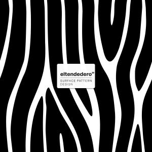 Puede incluir: Un patrón gráfico en blanco y negro con líneas verticales orgánicas y fluidas que recuerdan a la veta de la madera o a las rayas de una cebra. Una etiqueta rectangular blanca en el centro muestra el texto "eltendedero" y "SURFACE PATTERN DESIGN".