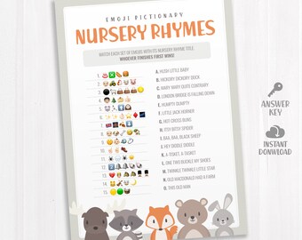 Nursery Rhymes Emoji Quiz Game Cards. Printable Woodland Baby Shower Games. Woods Animals Gender Neutral Baby Pictionary Guessing Activities