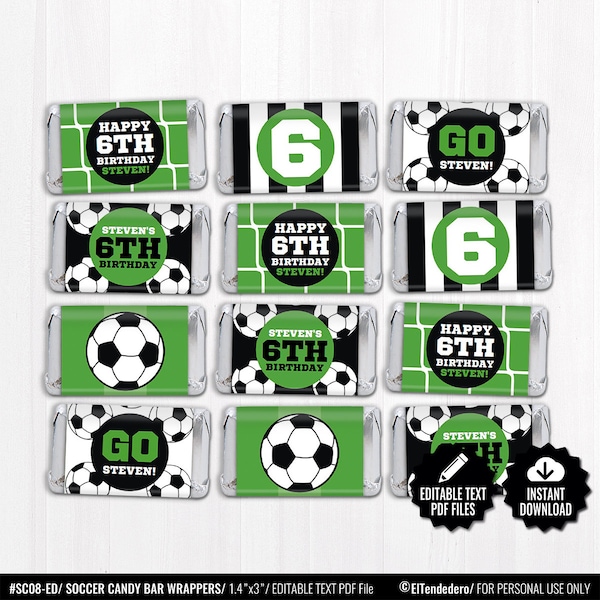 Soccer Candy Bar Wrappers. Mini Chocolate Bar Wraps. Printable Party Favor Labels. Nugget Wraps. Editable Football Kids team Birthday Favors