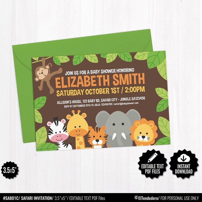 Cute Jungle Safari Animals Printable Baby Shower Invitation Editable PDF