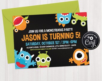 SELF EDITABLE Little Monster Birthday Invitation Template - Printable Invite - Funny Kids Birthday Party - Black Birthday Instant Download