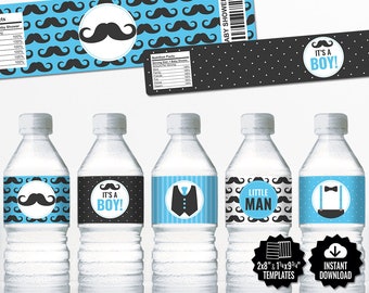 Blue Little Man Water Bottle Labels. Boy Baby Shower Mustache Bottle Labels. Printable Wrappers, Wraps. Blue Little Mister, Gentleman Labels