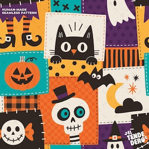 Peut inclure: Un motif sans couture composé de carrés sur le thème d'Halloween avec un chat noir, une citrouille, un crâne avec un haut-de-forme, une chauve-souris, un croissant de lune et des fantômes. Le texte HUMAN-MADE SEAMLESS PATTERN et EL TENDERO apparaît.