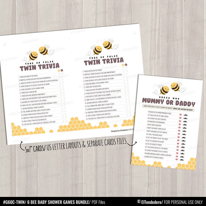 6 Twin Baby Shower Games Bundle. Printable Honey Bee Game Cards Set. Baby Games Pack. Gender Neutral Baby Shower Activities Kit PDF Download image 3