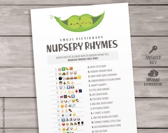 Nursery Rhymes Emoji Quiz Game Cards. Printable Twin Baby Shower Games. Two Peas in a Pod Baby Shower Pictionary Guessing Activities