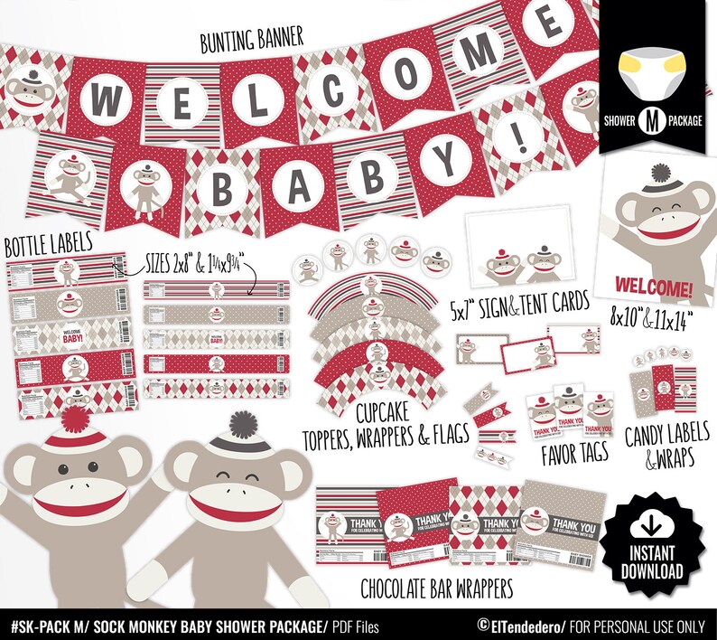 Sock Monkey Baby Shower Decorations Printable Baby Monkey Etsy