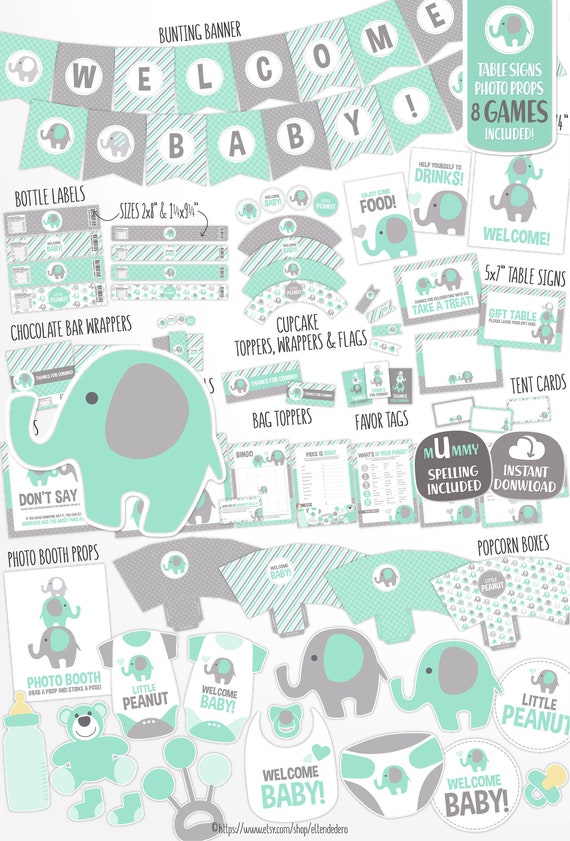 15x Grey Baby Shower Tags Neutral Gender Tags Grey Elephant Mummy Baby Elephant