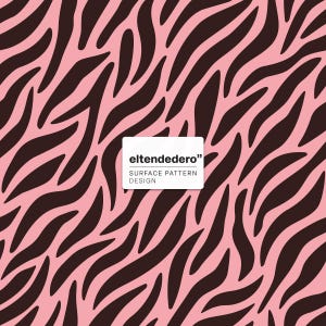 May include: A repeating surface pattern featuring dark brown, irregular, elongated zebra-like stripes set against a solid light pink background. A white rectangular label in the centre displays the text eltendedero SURFACE PATTERN DESIGN.