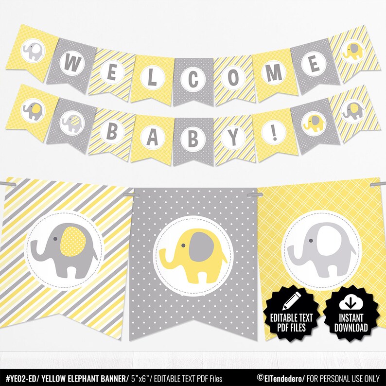 Editable Banderines Baby Shower Elefante Amarillo Guirnalda Etsy