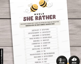 Would She Rather Baby Shower Game Cards. Printable Twin Baby Shower Games. Who Knows Mommy Best Game. Honey Bee Baby Shower Activities