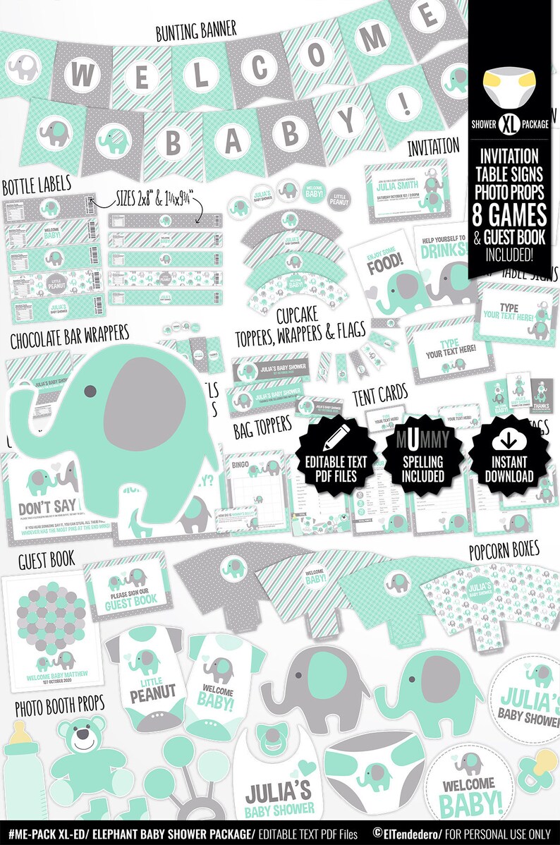 Self Editable Mint Elephant Baby Shower Decorations Printable Etsy
