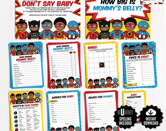 African American Superhero Baby Shower Games Package - Printable Game Cards - Funny Baby Games - Super Baby Boy Comic Book Shower Activities