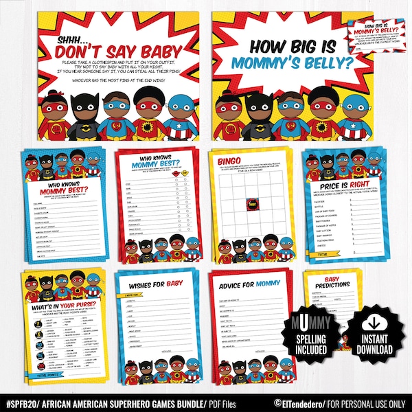 African American Superhero Baby Shower Games Package - Printable Game Cards - Funny Baby Games - Super Baby Boy Comic Book Shower Activities