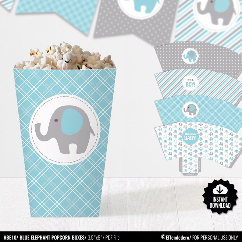 Elephant Popcorn Boxes Blue and Grey Baby Shower Favor Boxes Etsy