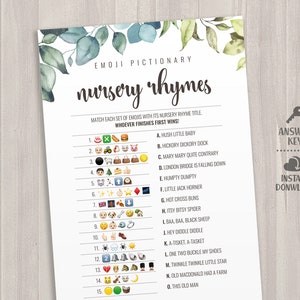 Cartes de jeu Emoji Quiz Comptines. Jeux de douche de bébé de verdure imprimables. Activités de devinettes pour bébés modernes, sans distinction de sexe