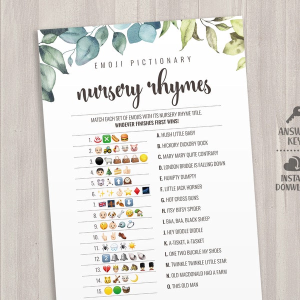 Nursery Rhymes Emoji Quiz Game Cards. Printable Greenery Baby Shower Games. Modern Leaves Gender Neutral Baby Pictionary Guessing Activities