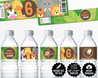 Safari Birthday Water Bottle Labels. Editable Labels. Printable Wrappers - Bottle Covers. Name Labels. Jungle Kids Birthday Party Labels