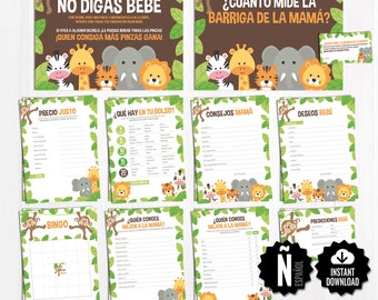 SPANISH Baby Shower Games. Safari Game Package Baby Shower Espanol, Printable Game Cards, Funny Baby Games, Gender Neutral Jungle Activities