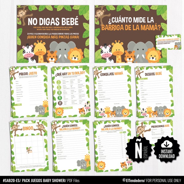 SPANISH Baby Shower Games. Safari Game Package Baby Shower Espanol, Printable Game Cards, Funny Baby Games, Gender Neutral Jungle Activities