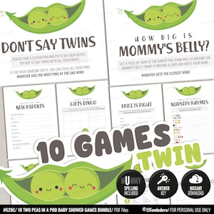 Pacchetto di 10 giochi per baby shower gemelli. Set di carte da gioco stampabili Due piselli in un baccello Pacchetto di giochi per bambini Pacchetto di attività per baby shower di genere neutro