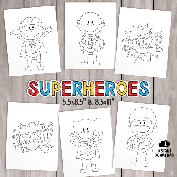 PRINTABLE Superhero Coloring Pages. Kids Party Games, Birthday Favor. Coloring Sheet Baby Shower Activities, School Class Teacher Games