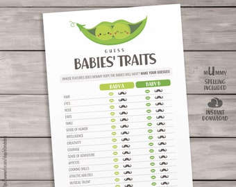 Twin Baby Traits Game Cards. Twin Baby Shower Games. Two Peas in a Pod Printable Guess Baby Features Game. Cute Gender Neutral Activities