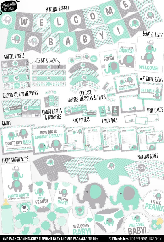 Mint Elephant Baby Shower Decorations Printable Mint Green Etsy