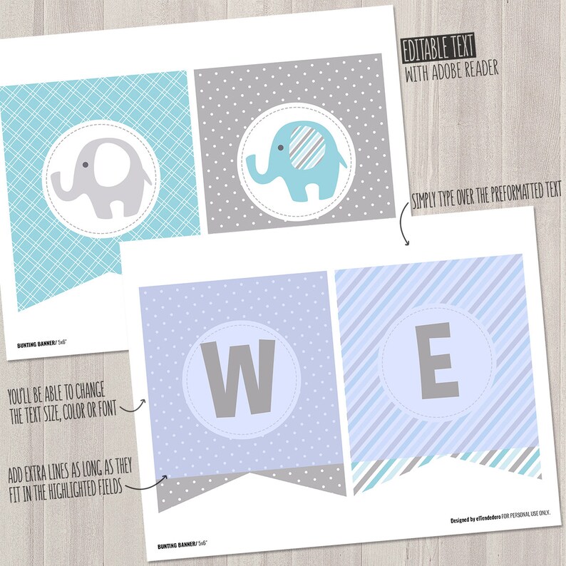 SELF EDITABLE Blue Elephant Baby Shower Banner Boy Baby Banner Blue and Gray Baby Shower Decorations, Baby Boy Decor, Printable Garland image 2