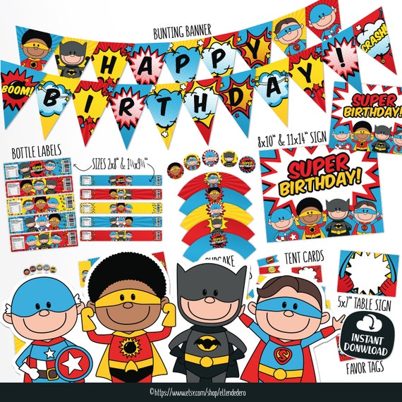 Decoración Cumpleaños Superhéroes Pack Imprimible Fiesta Cumpleaños  Infantil. Kit Celebración Primer Cumpleaños Cómic Superhéroe Digital -   México