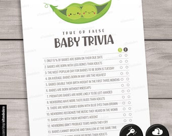 Baby Trivia Game Cards. Two Peas in a Pod Baby Shower Games. True or False Baby Trivia Printable, Guessing Activities, Gender Neutral Twin