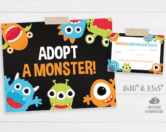 Adopt a Monster Sign, Little Monster Adoption Certificate. Kids Party Games. Printable Birthday, Baby Shower Activity Instant Download