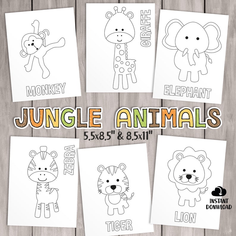 PRINTABLE Safari Coloring Pages. Kids Party Games, Jungle Birthday Favor. Animal Coloring Sheet Baby Shower Activities School Teacher Games image 1