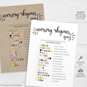 Cartes de jeu Emoji Quiz Comptines. Jeux de baby shower rustiques imprimables. Activités de devinettes minimalistes neutres en matière de genre Kraft