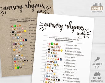 Nursery Rhymes Emoji Quiz Game Cards. Rustic Printable Baby Shower Games. Kraft Minimalist Gender Neutral Pictionary Guessing Activities