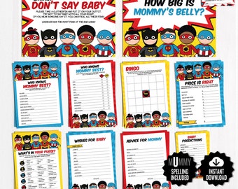 Superhero Baby Shower Games Package - Printable Game Cards - Funny Baby Games - Super Baby Boy Comic Book Shower Activities. Superbaby Games