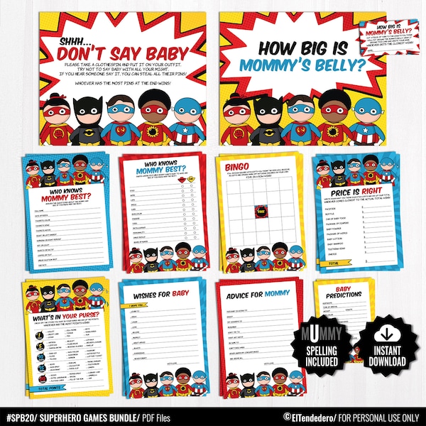 Superhero Baby Shower Games Package - Printable Game Cards - Funny Baby Games - Super Baby Boy Comic Book Shower Activities. Superbaby Games