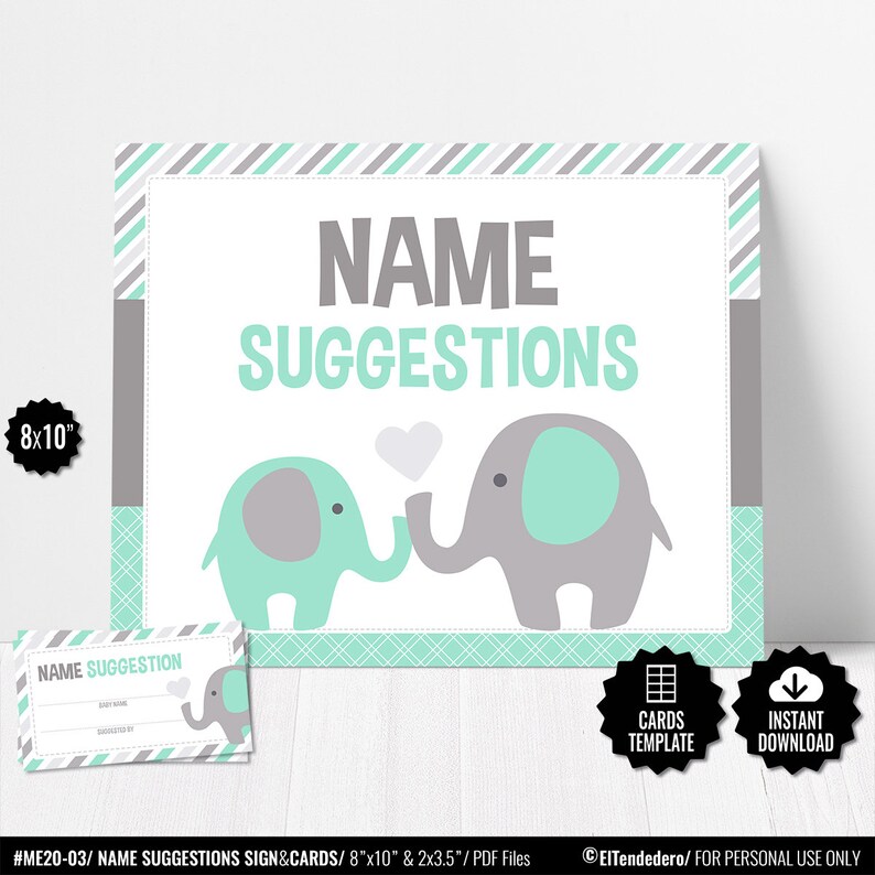 Juego Baby Shower Elefante Verde Menta Y Gris Tarjetas Etsy
