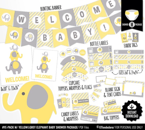 Yellow Elephant Baby Shower Decorations Printable Yellow And Etsy