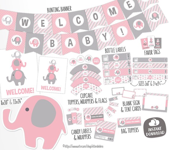 Pink Elephant Baby Shower Decorations Printable Pink And Etsy