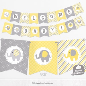 Yellow Elephant Baby Shower Banner Baby Banner Yellow and Gray Baby Shower Decorations Gender Neutral Baby Decor Printable Garland image 1