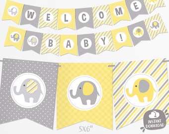 Yellow Elephant Baby Shower Banner - Baby Banner - Yellow and Gray Baby Shower Decorations - Gender Neutral Baby Decor - Printable Garland