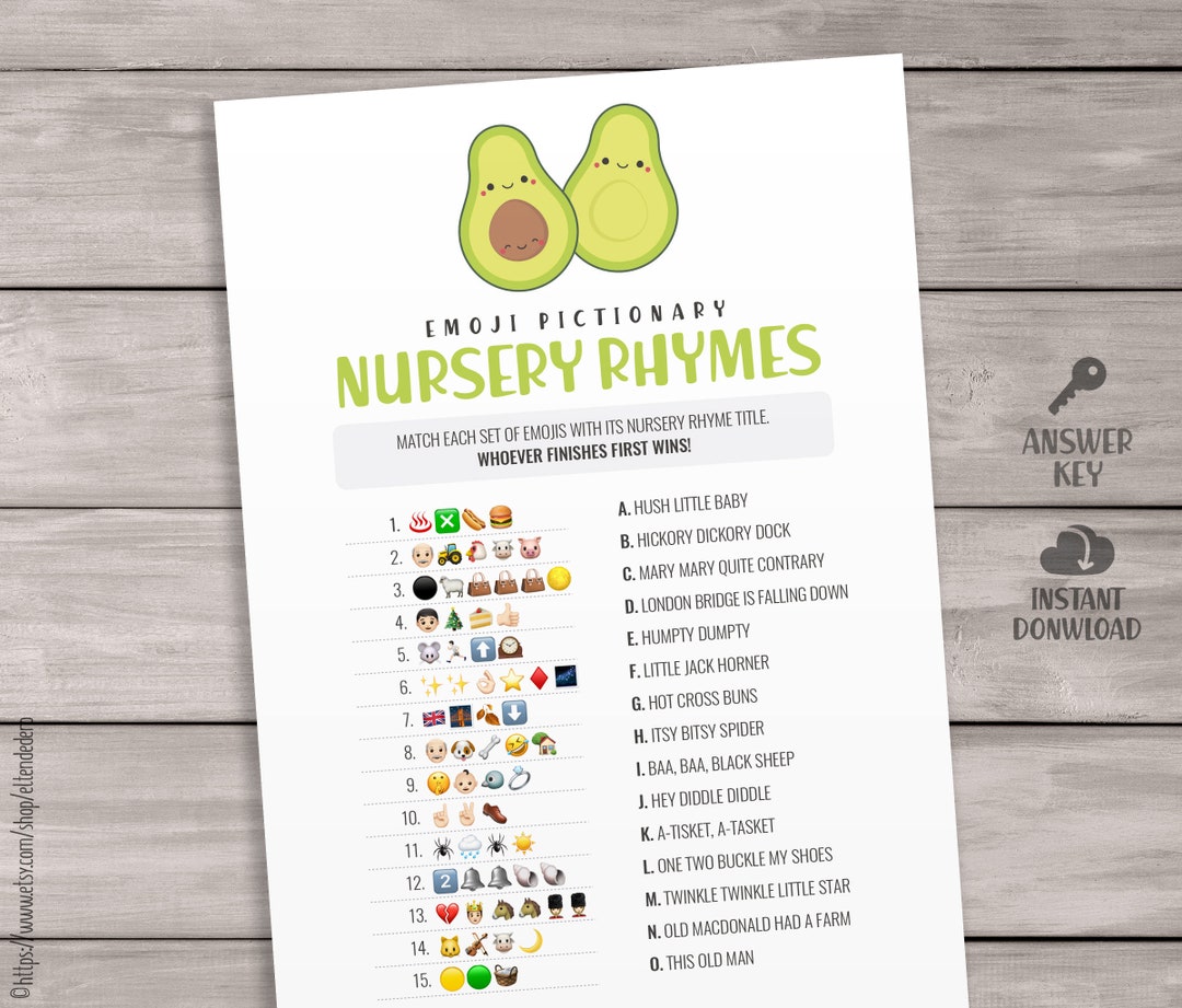 Nursery Rhymes Emoji Quiz Game Cards. Printable Avocado Baby Shower ...
