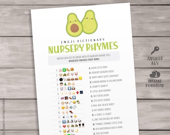 Nursery Rhymes Emoji Quiz Game Cards. Printable Avocado Baby Shower Games. Cute Kawaii Modern Gender Neutral Baby Guessing Activities